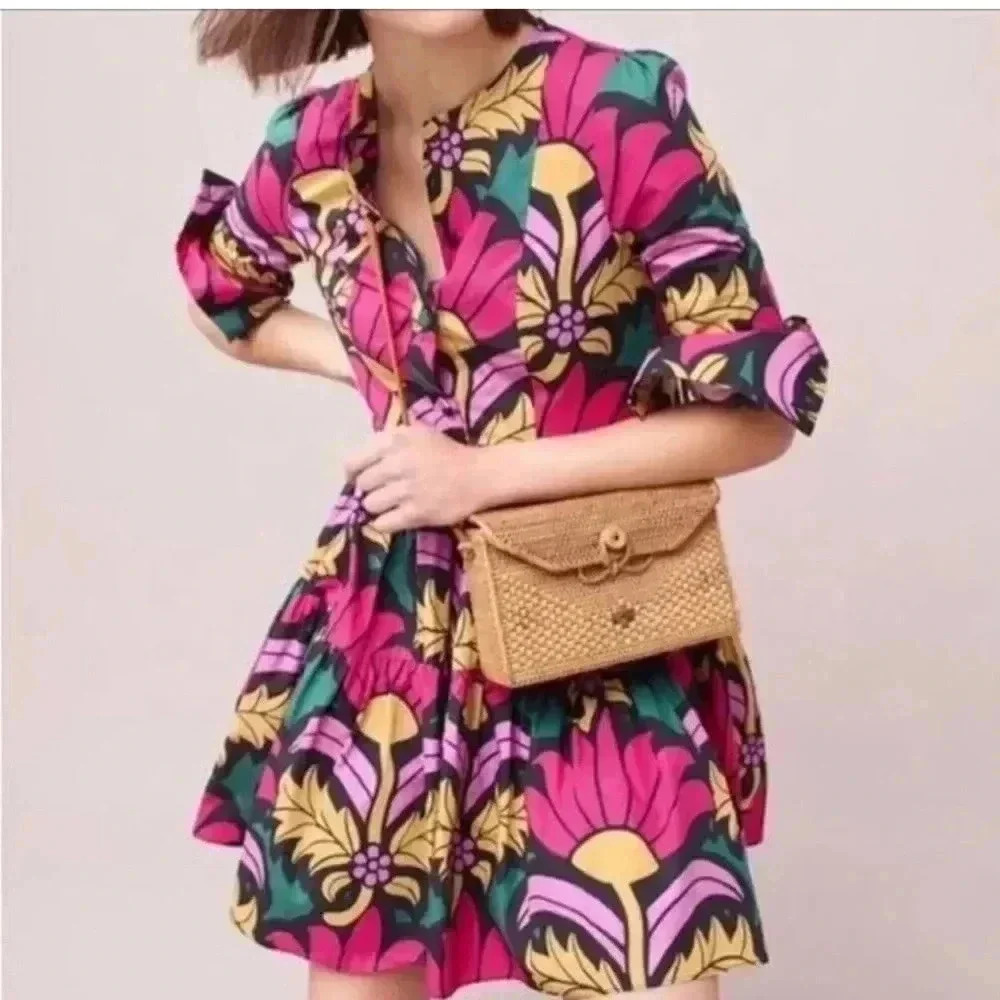 JCrew Ratti Print button front tiered skirt dress